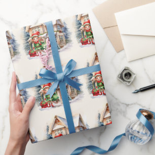 Papel De Presente Elfo de Natal com um saco de presentes