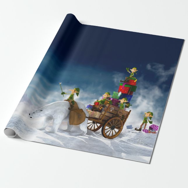 Papel De Presente Elfos de Natal com Urso Polar (Desenrolado)