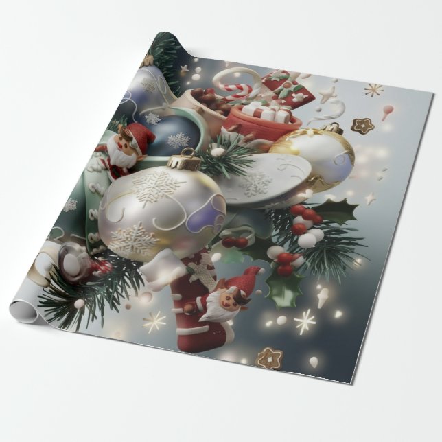 Papel De Presente Elfos e ornamentos de Natal (Desenrolado)
