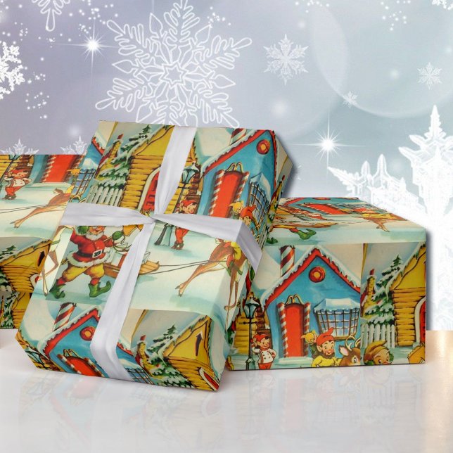 Papel De Presente Elfos Nostálgicos do Papai Noel no Polo Norte (Criador carregado)