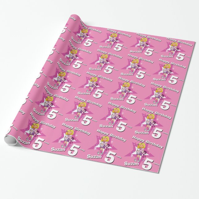 Papel De Presente Embalagem de 5 de aniversário personalizada rosa p (Desenrolado)
