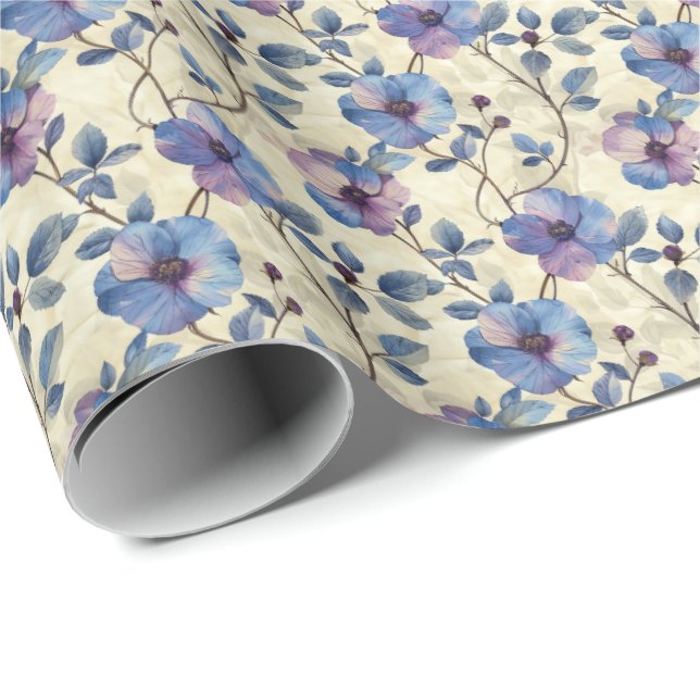 Papel De Presente Embalagem de Presente Floral Azul e Roxo (Ponta do rolo)