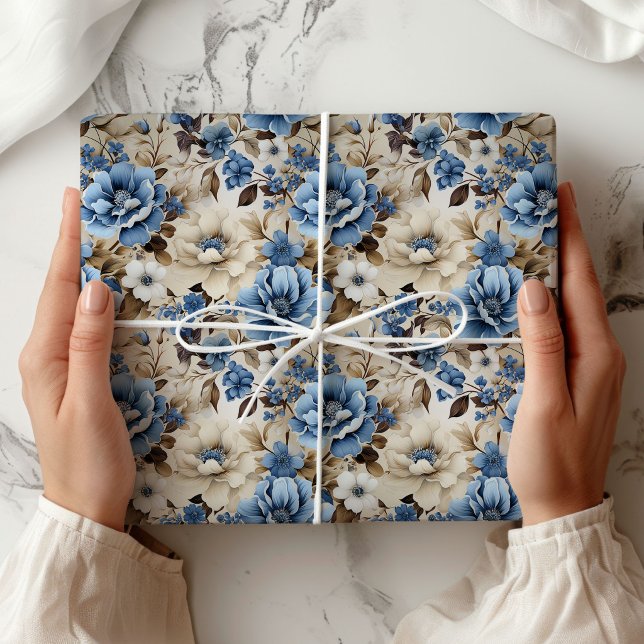 Papel De Presente Embrulho de Luxo Floral Azul Sofisticado em Marfim (Sophisticated Blue Ivory Floral Luxury Wrapping Paper)