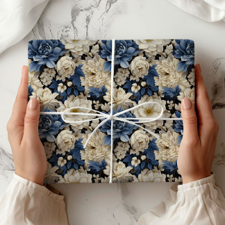 Papel De Presente Embrulho de Luxo Floral Branco Marfim Azul Premium