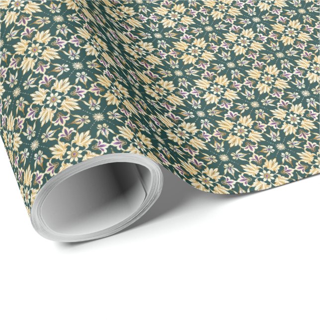 Papel De Presente Embrulho de Mardi Gras Floral Verde Roxo Dourado F (Ponta do rolo)