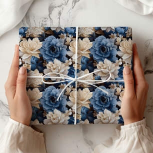 Papel De Presente Embrulho de Presente Floral Branco Azul Elegante