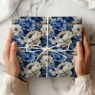 Papel De Presente Embrulho de Presente Luxuoso Azul Marfim Floral El
