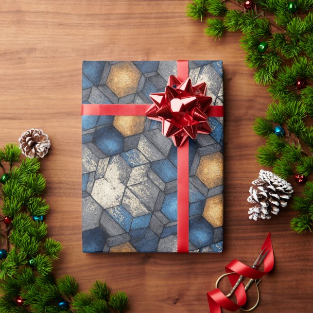 Papel De Presente Embrulho Urbano Hexagonal Azul e Dourado (Presente de Natal)