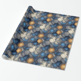 Papel De Presente Embrulho Urbano Hexagonal Azul e Dourado