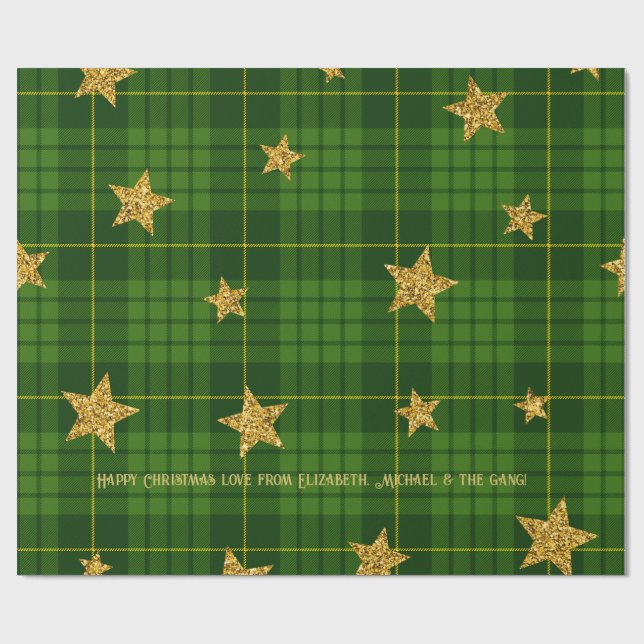 Papel De Presente Emerald Glow Tartan Estrela Dourada Personalizada  (Aberto)