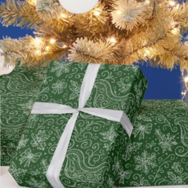 Papel De Presente Emerald Green Doodle Natal Sleigh Patterno (Criador carregado)