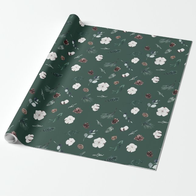 Papel De Presente Emerald Greenery Vintage Feliz Natal (Desenrolado)