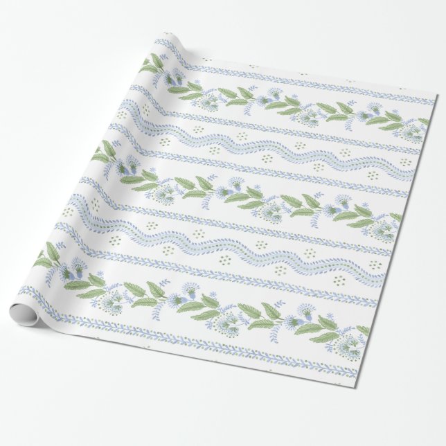 Papel De Presente Emma Stripe Cornflower Blue e Green (Desenrolado)
