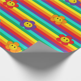 Papel De Presente Emoji Daisies sorridente em Stripes Arco-Íris