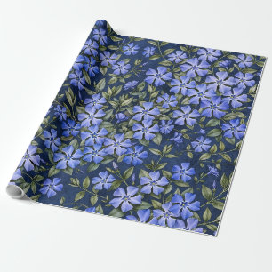 Papel De Presente Encantadoras Flores de Vinca Dispersas Azul Profun