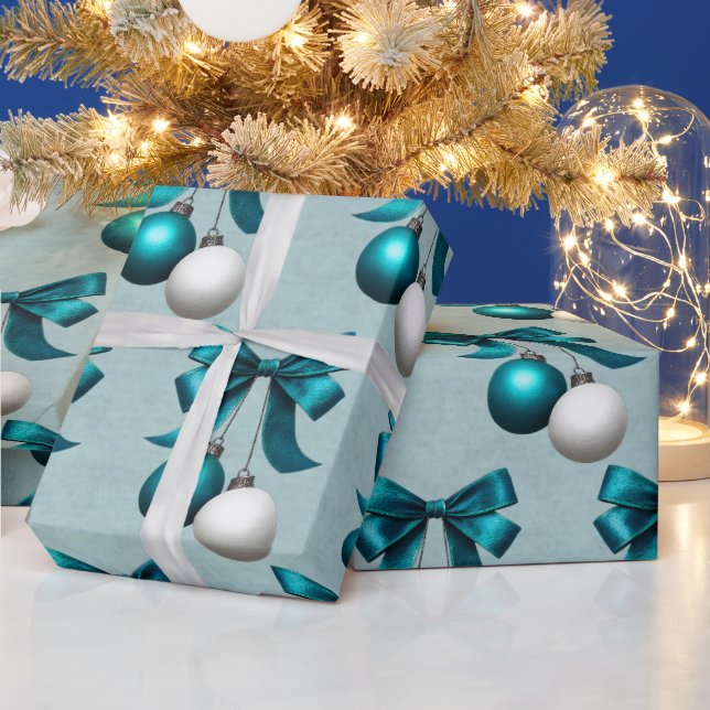 Papel De Presente Enfeite de Natal Azul-Piscina e Branco  (Feriados)