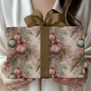 Papel De Presente Enfeite de Natal em Aquarela Rosa e Verde Vintage