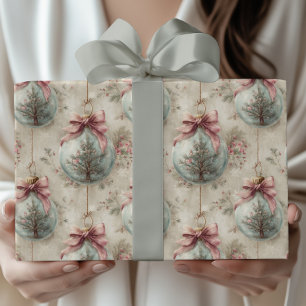 Papel De Presente Enfeite de Natal Vitoriano Antigo Com Laço Rosa