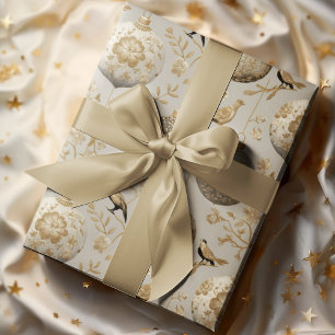 Papel De Presente Enfeite de Pássaro em Ouro e Bege Luxuoso