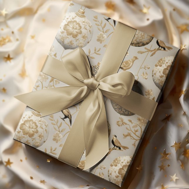 Papel De Presente Enfeite de Pássaro em Ouro e Bege Luxuoso (Criador carregado)