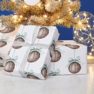 Papel De Presente Enfeites de Coco Azul Claro Laços Natal