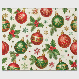 Papel De Presente Enfeites de Natal Antigos & Padrão de Azevinho – V