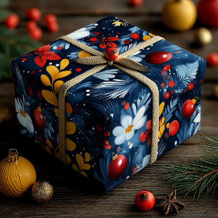 Papel De Presente Enfeites de Natal Azuis com Padrão de Florais Bran