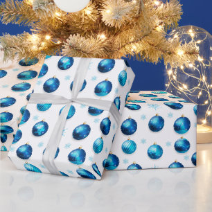 Papel De Presente Enfeites de Natal Azuis e Flocos de Neve 