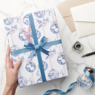 Papel De Presente Enfeites de Natal Azuis e Rosas Elegantes em Toile