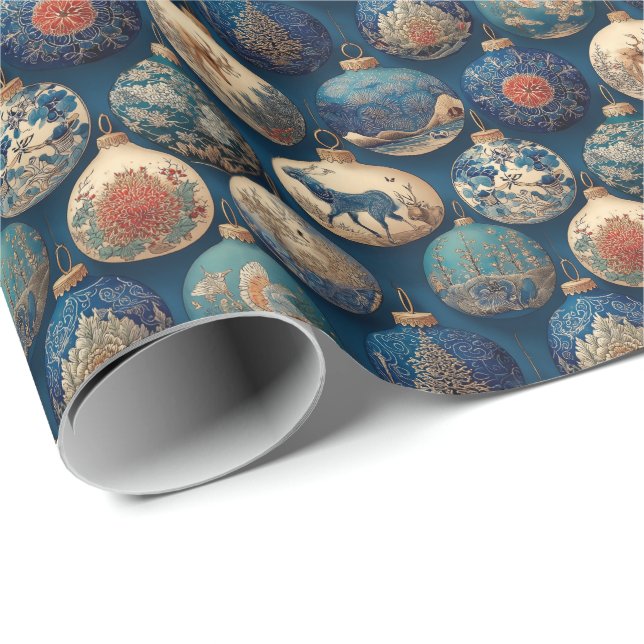 Papel De Presente Enfeites de Natal Azuis Elegantes (Ponta do rolo)