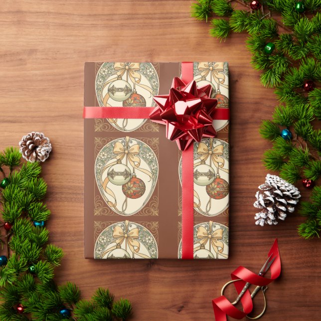 Papel De Presente Enfeites de Natal Bege e Vermelho Art Nouveau (Presente de Natal)