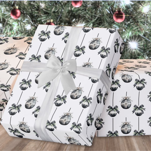 Papel De Presente Enfeites de natal branco preto (Black White Christmas Ornament Wrapping Paper)
