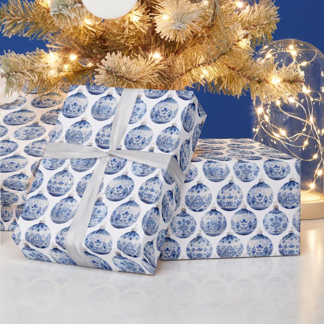 Papel De Presente Enfeites de natal brilhante azul e branco (Feriados)