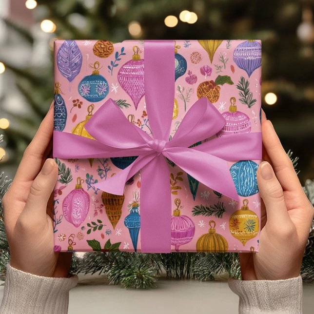 Papel De Presente Enfeites de Natal Caprichosos Rosa (Criador carregado)