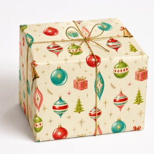 Papel De Presente Enfeites de Natal Coloridos Vintage dos Anos 1950