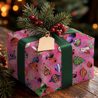 Papel De Presente Enfeites de Natal Cor-de-Rosa Alegres e Retrô