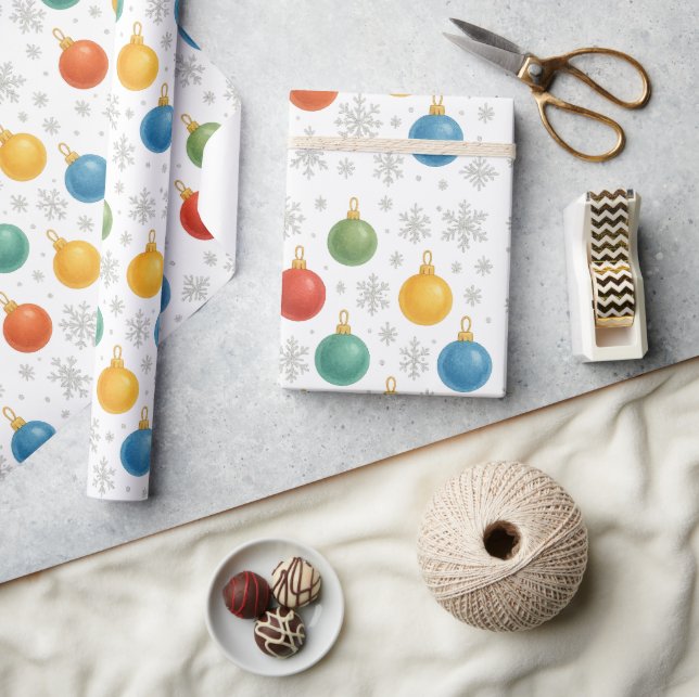 Papel De Presente Enfeites de natal de Aquarela e Flocos de Neve - (Artesanato)