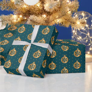 Papel De Presente Enfeites de natal Dourados e Azul Teal