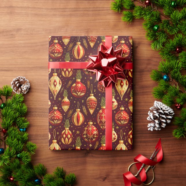 Papel De Presente Enfeites de Natal Dourados Ramos de Pinheiro (Presente de Natal)