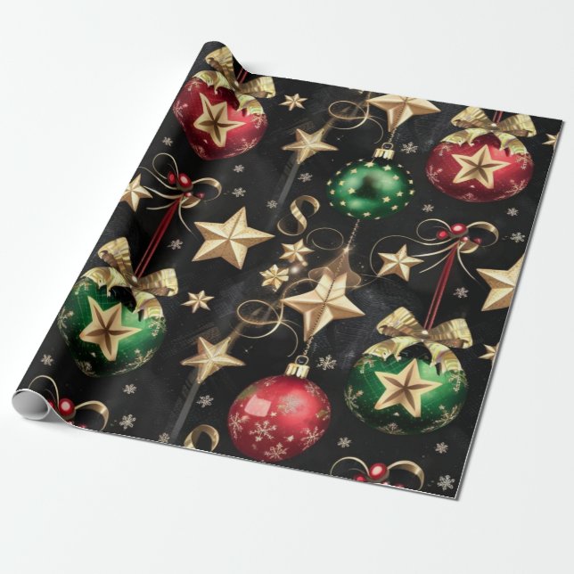 Papel De Presente Enfeites de natal Elegantes e Estrelas Ouros (Desenrolado)