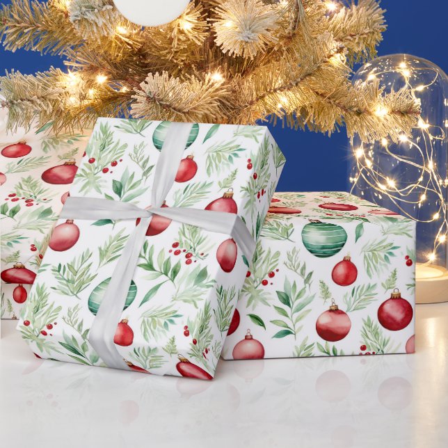Papel De Presente Enfeites de Natal em aquarela e visco (Feriados)