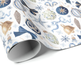 Papel De Presente Enfeites de Natal em Azul Aquarela