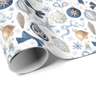 Papel De Presente Enfeites de Natal em Azul Aquarela