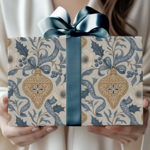 Papel De Presente Enfeites de Natal Florais Azuis e Dourados Vintage