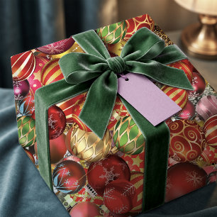 Papel De Presente Enfeites de Natal Glamurosos em Dourado e Vermelho