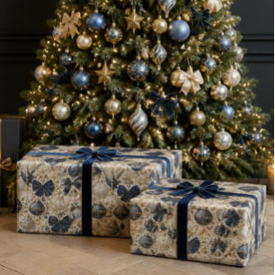 Papel De Presente Enfeites de Natal Luxuosos em Azul Marinho, Marfim