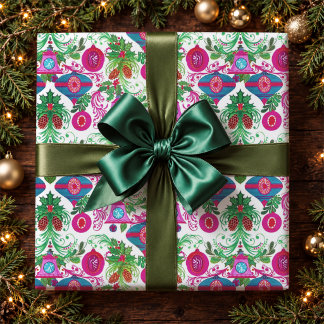 Papel De Presente Enfeites de Natal Retro Rosa Turquesa Vibrante