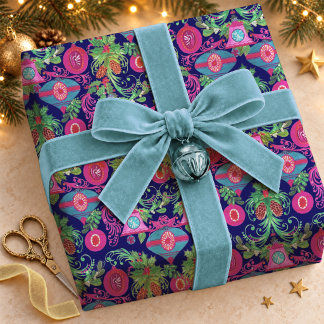 Papel De Presente Enfeites de Natal Rosa Azul Vintage Fofos