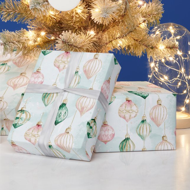 Papel De Presente Enfeites De Natal Rosa Verde Blush (Feriados)