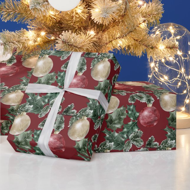 Papel De Presente Enfeites de natal vermelhos e brancos e verde (Feriados)